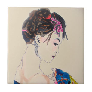 Japansk Geisha med blå kimono Kakelplatta