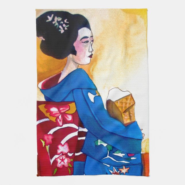 Japansk Geisha med blå kimono Kökshandduk (Vertikal)