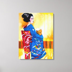 Japansk Geisha med blå kimono original art Canvastryck
