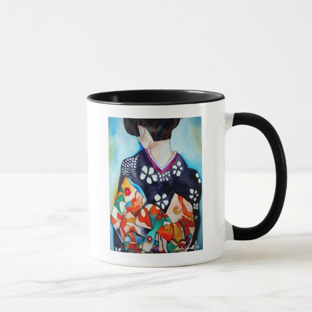 Japansk Geisha med blå kimono original art Mugg (Höger)
