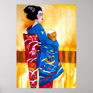 Japansk Geisha med blå kimono original art Poster