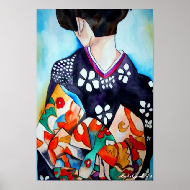 Japansk Geisha med blå kimono original art Poster (Framsidan)