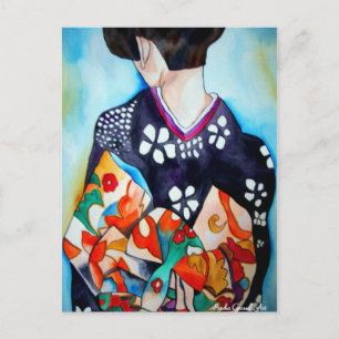 Japansk Geisha med blå kimono original art Vykort