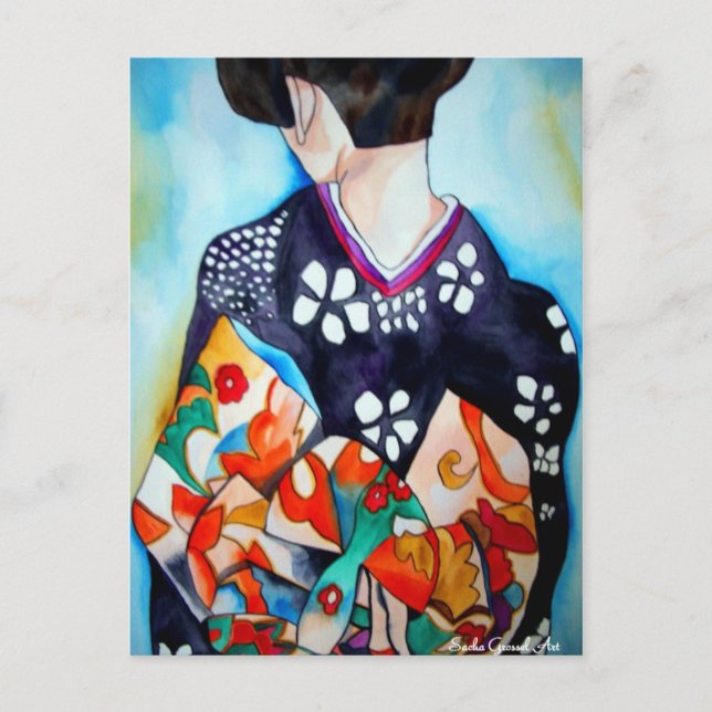 Japansk Geisha med blå kimono original art Vykort (Framsida)