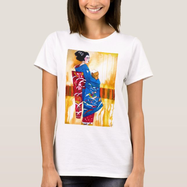 Japansk Geisha med blå kimono T Shirt (Framsida)