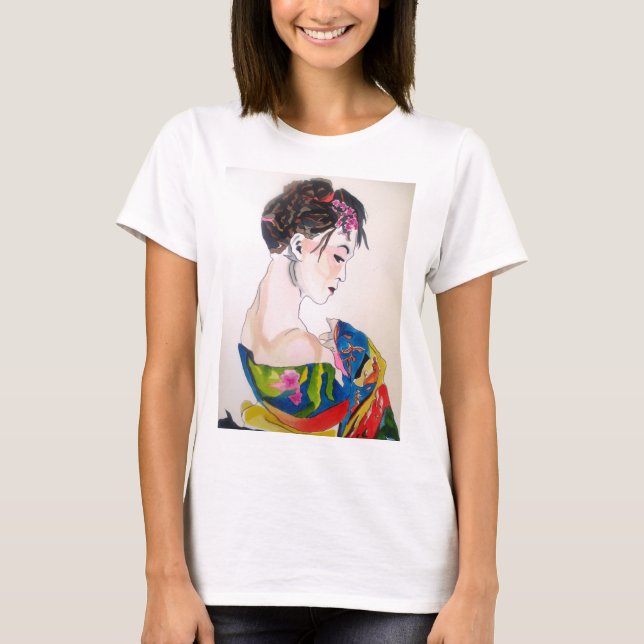 Japansk Geisha med blå kimono T Shirt (Framsida)