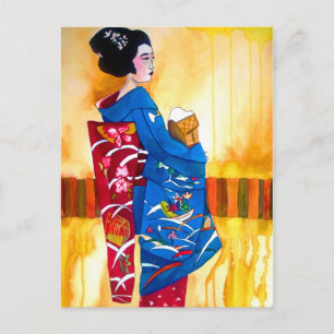 Japansk Geisha med blå kimono Vykort