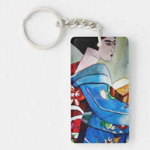 Japansk Geisha med blå kimonokonst Nyckelring
