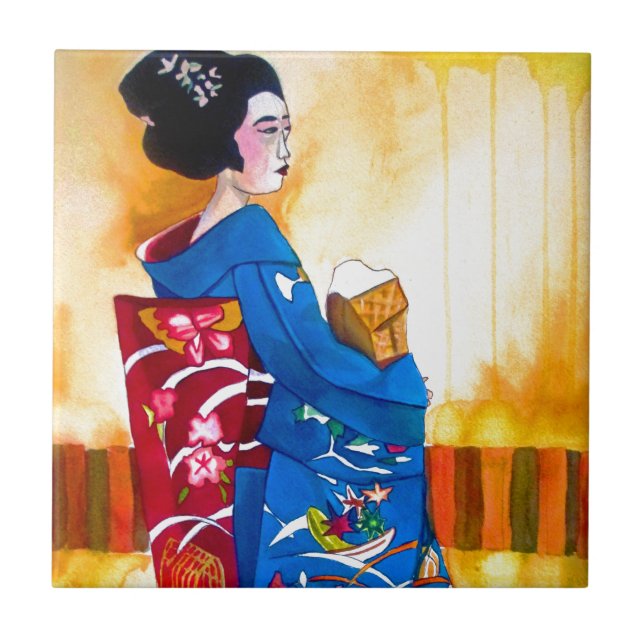 Japansk Geisha med blåttkimonoen Kakelplatta (Framsidan)