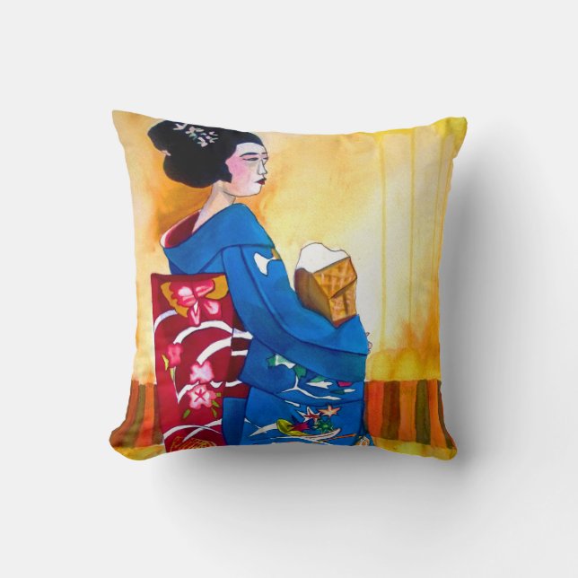 Japansk Geisha med dekorerad kimono och obi Kudde (Framsida)