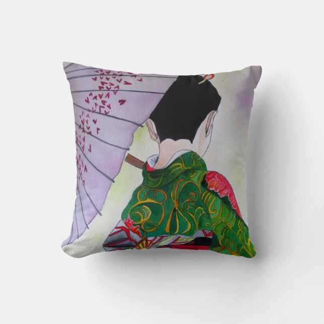 Japansk Geisha med dekorerad kimono och paraply Kudde (Framsida)