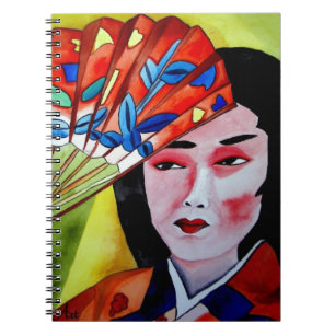 Japansk geisha med fläkt original vattenfärgskonst anteckningsbok