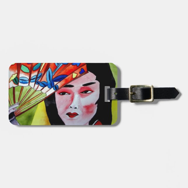 Japansk Geisha med fläkt originalvattenfärgsdel Bagagebricka (Horisontell Framsida)