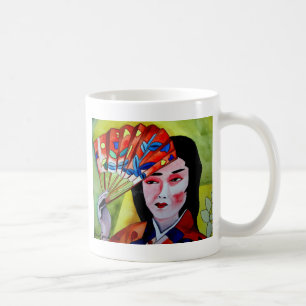 Japansk Geisha med fläkt originalvattenfärgsdel Kaffemugg