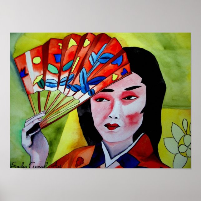 Japansk Geisha med fläkt originalvattenfärgsdel Poster (Framsidan)