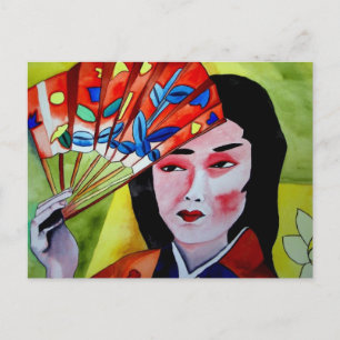 Japansk Geisha med fläkt originalvattenfärgsdel Vykort