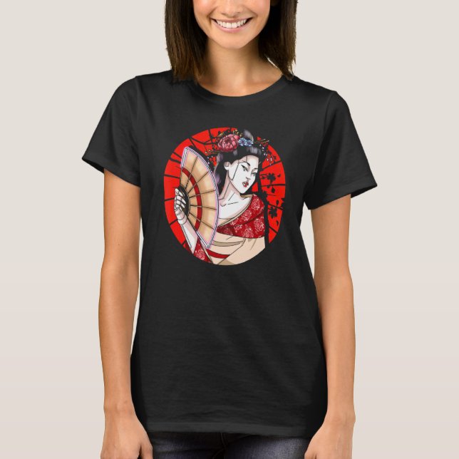 Japansk Geisha med Fläkt Sakura Japan Woman Geisha T Shirt (Framsida)