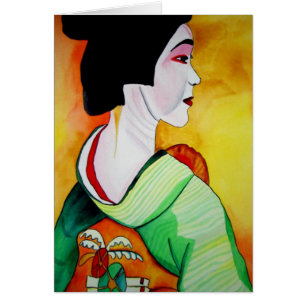 Japansk geisha med grön kimono originalkonst hälsningskort