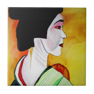 Japansk Geisha med grönt kimono original art Kakelplatta