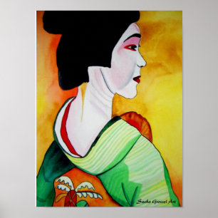 Japansk Geisha med grönt kimono original art Poster