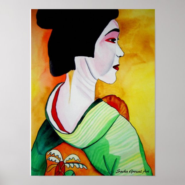 Japansk Geisha med grönt kimono original art Poster (Framsidan)