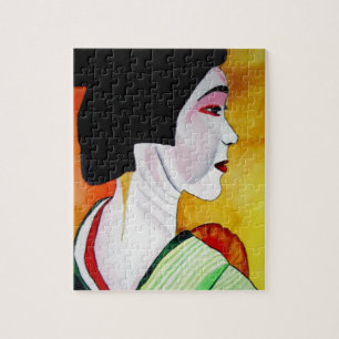 Japansk Geisha med grönt kimono original art Pussel