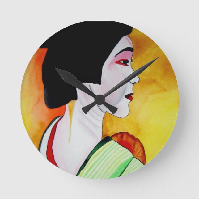 Japansk Geisha med grönt kimono original art Rund Klocka (Framsida)