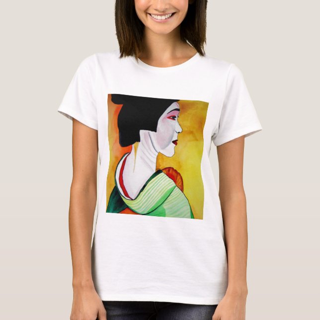 Japansk Geisha med grönt kimono original art T-shirt (Framsida)
