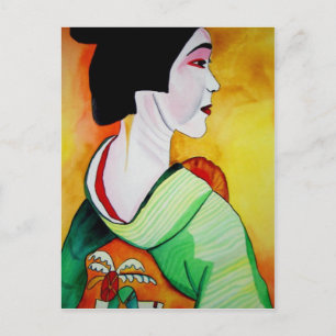 Japansk Geisha med grönt kimono original art Vykort
