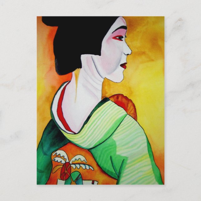Japansk Geisha med grönt kimono original art Vykort (Framsida)