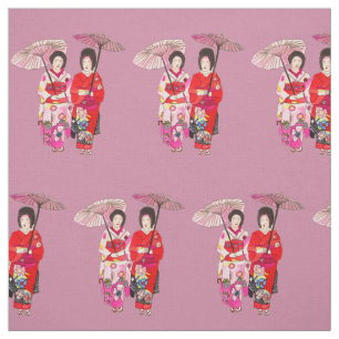 Japansk Geisha med gullig konst för röd kimono Tyg