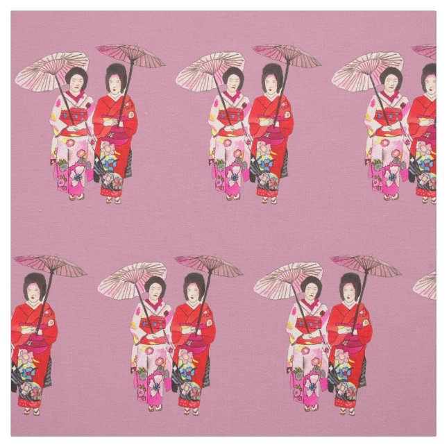 Japansk Geisha med gullig konst för röd kimono Tyg (Provkarta)