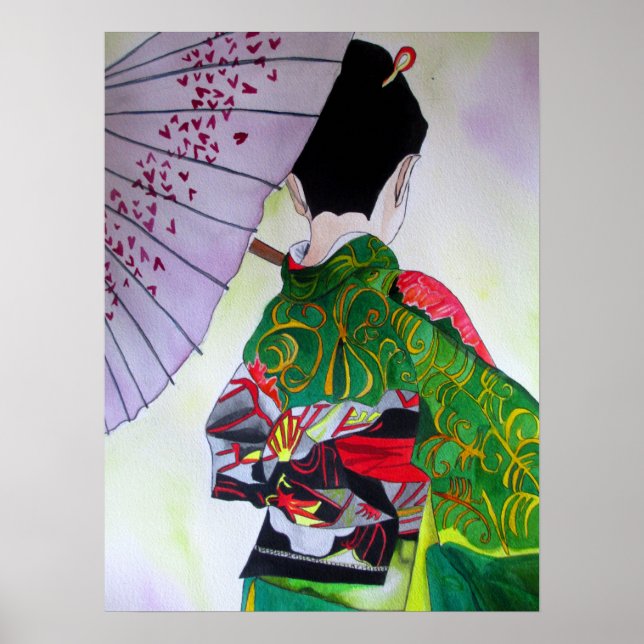 Japansk Geisha med kimono och lila paraply Poster (Framsidan)