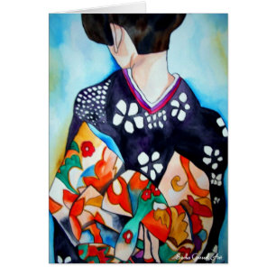 Japansk Geisha med konst för blåttkimonooriginal Hälsningskort