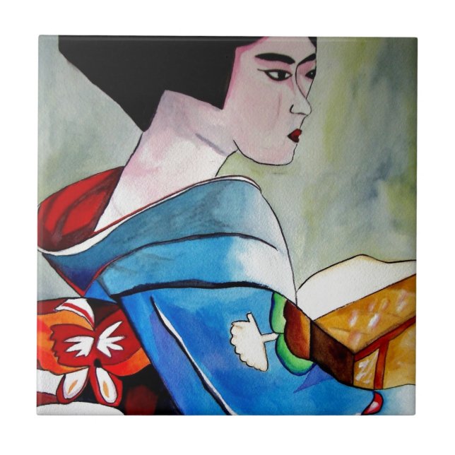 Japansk Geisha med konst för blåttKimonooriginal Kakelplatta (Framsidan)