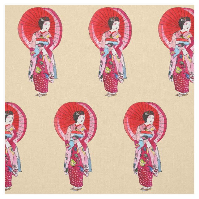 Japansk Geisha med röd kimono söt konst Tyg (Provkarta)