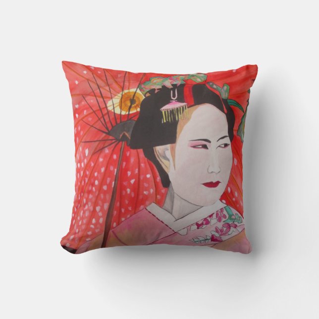 Japansk Geisha med röd paraply Kudde (Framsida)