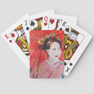 Japansk geisha med röd paraply original konst spelkort