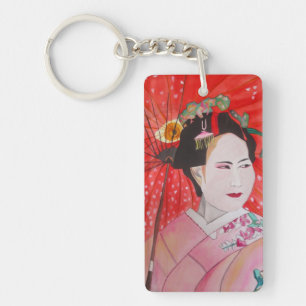 Japansk Geisha med röd paraplykonst Nyckelring