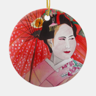 Japansk Geisha med röd paraplyoriginalkonst Julgransprydnad Keramik