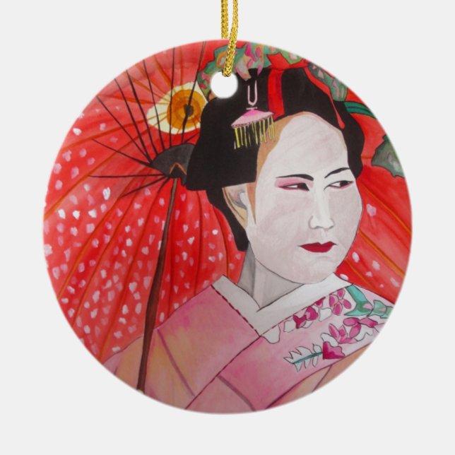 Japansk Geisha med röd paraplyoriginalkonst Julgransprydnad Keramik (Framsidan)