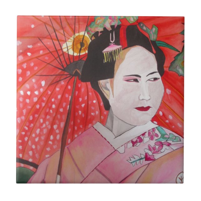 Japansk Geisha med röd paraplyoriginalkonst Kakelplatta (Framsidan)