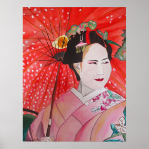 Japansk Geisha med röd paraplyoriginalkonst Poster