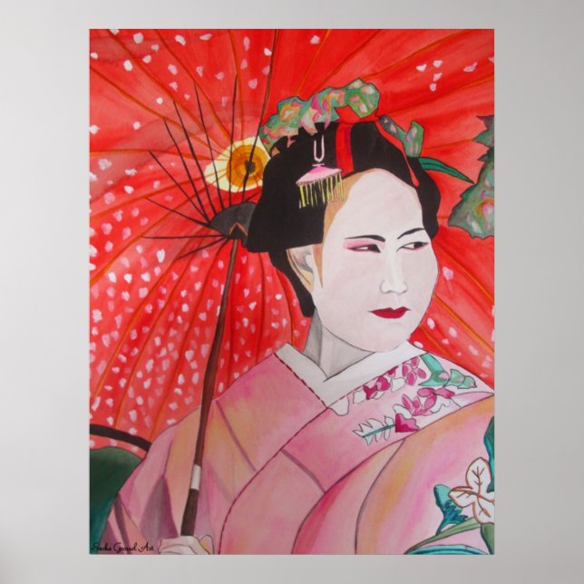 Japansk Geisha med röd paraplyoriginalkonst Poster (Framsidan)