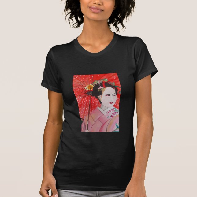 Japansk Geisha med röd paraplyoriginalkonst Tee Shirt (Framsida)