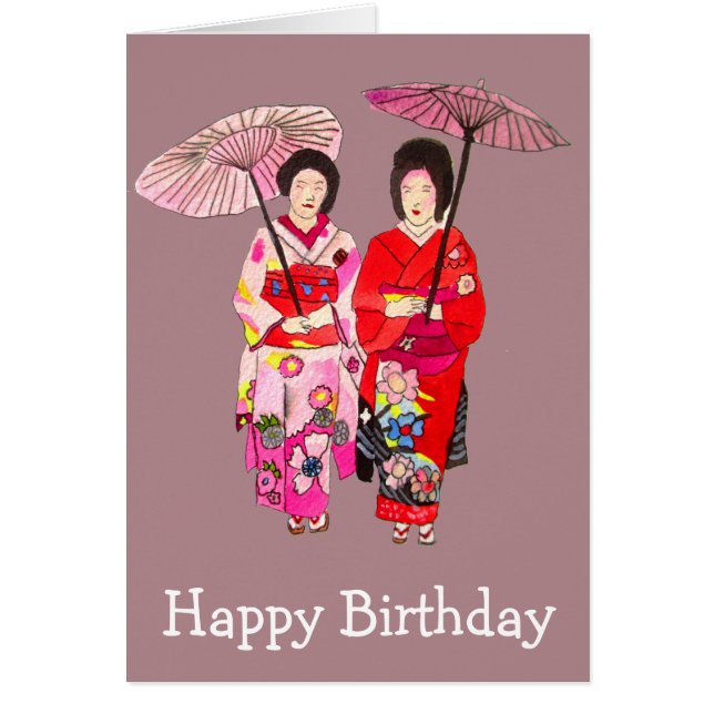 Japansk Geisha med rosa kimonofödelsedag Hälsningskort (Framsidan)