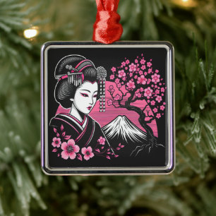 Japansk Geisha Mount Fuji Japansk Cherry-Blommar Julgransprydnad Metall