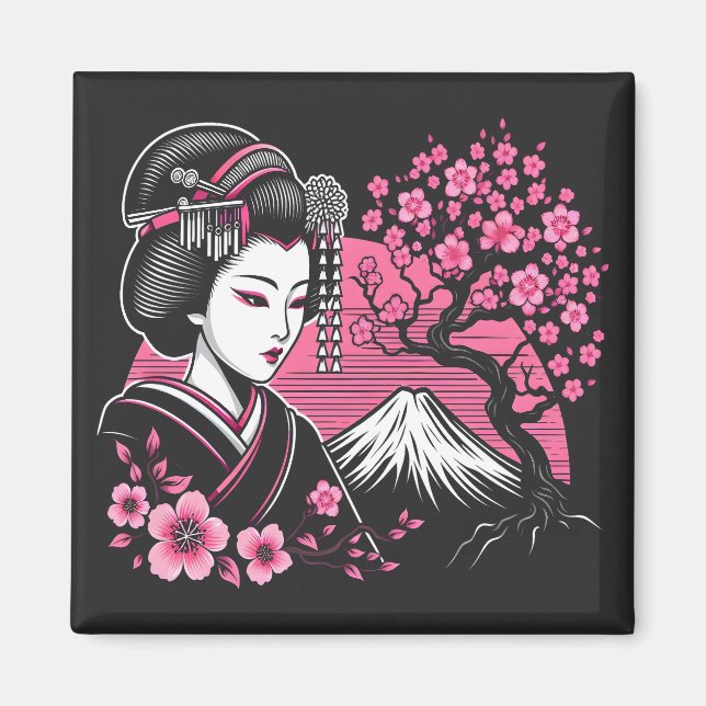 Japansk Geisha Mount Fuji Japansk Cherry-Blommar Magnet (Framsidan)