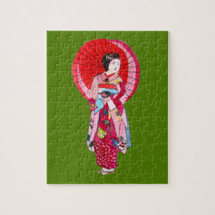 Japansk Geisha röd kimono, söt konst Pussel