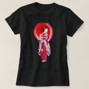 Japansk Geisha röd kimono söt konst T Shirt